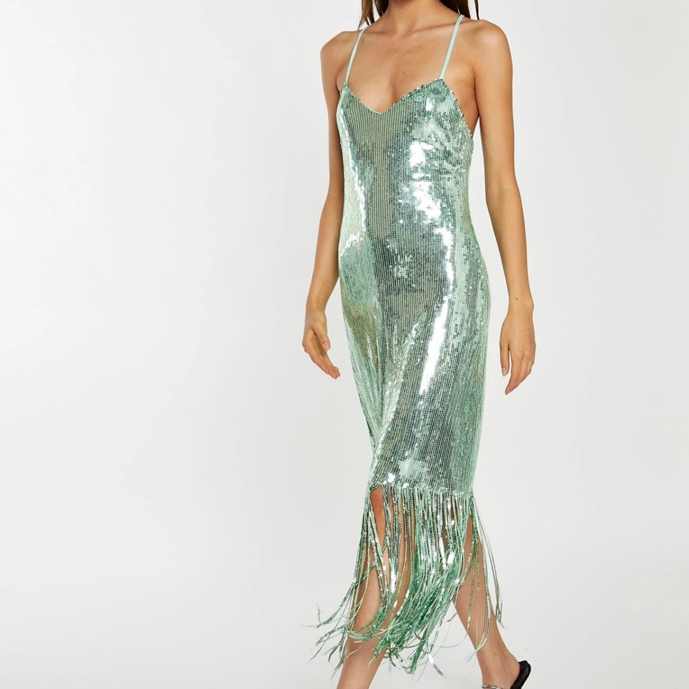 Mint Green Sequin Embellished Midi Slip Dress